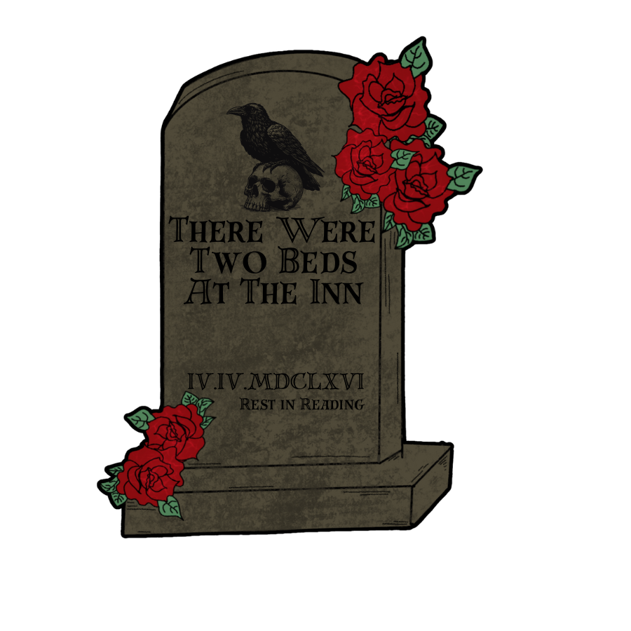 Gothic-style gravestone with roses and a crow, featuring text on a white background.